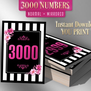 3000 Printable Facebook Live Numbers, Facebook Live Number Cards, Sale Tags, Normal + Mirrored 1-3000, Floral + Stripes + Black + Pink