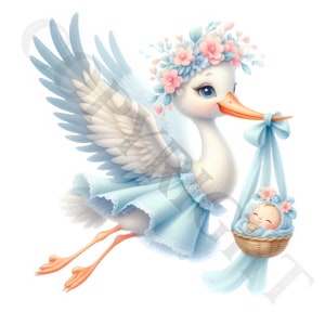 Pastelblauwe ooievaar clipart baby meisje of jongen | 10 transparante png-afbeeldingen | Babyaankomstbundel | Babyshowerkunst | Afdrukbare items | Commercieel gebruik