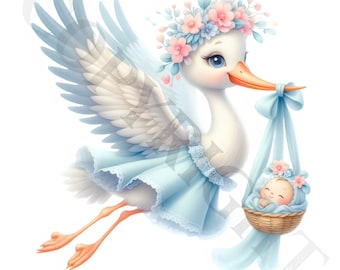 Pastel Stork Baby Arrival Clipart | PNG Images, Commercial Use (Digital Download)