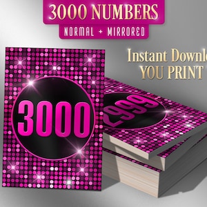 3000 afdrukbare Facebook Live-nummers, Live Cards, Live Sale-tags, normaal + gespiegeld 1-3000, zwart + roze + glitter + glitter + bling-bling