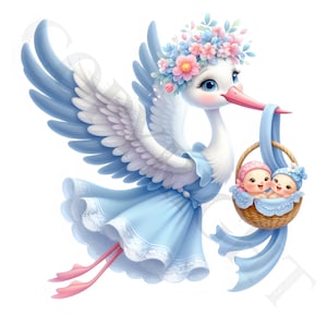Bleu pastel cigogne, offre des bébés jumeaux Clipart | 10 images PNG transparentes | Lot d'arrivée de bébés jumeaux | Art baby shower | Utilisation commerciale
