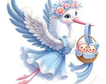 Pastel Stork Twins Clipart | Baby Shower PNG Images (Commercial Use)