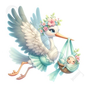 Clipart bébé fille ou garçon cigogne turquoise | 10 images PNG transparentes | Lot d'arrivée de bébé | Baby Shower | Imprimables | Utilisation commerciale