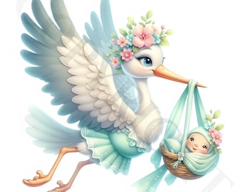 Stork Baby Girl/Boy Clipart | Transparent PNG Images (Digital Download)