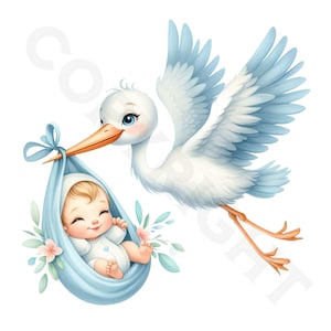 Cicogna neonato Clipart / 10 immagini PNG trasparenti di alta qualità / Pacchetto arrivo neonato / Arte baby shower / Materiali stampabili / Uso commerciale