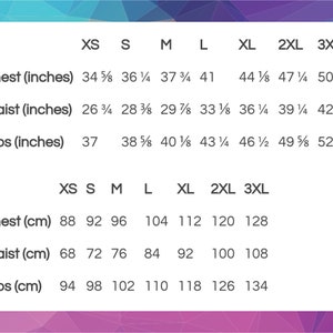 May include: Size chart showing measurements in inches and centimeters for chest, waist, and hips. Sizes range from XS to 3XL.