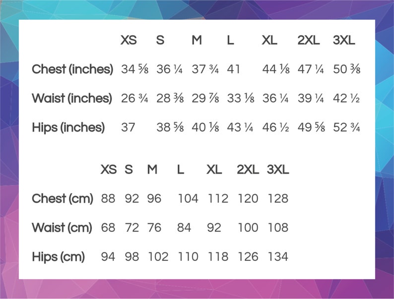 May include: Size chart showing measurements in inches and centimeters for chest, waist, and hips. Sizes range from XS to 3XL.
