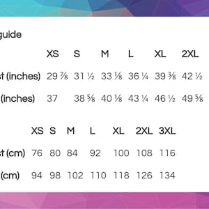 May include: Size guide chart for clothing with measurements in inches and centimeters. The chart shows sizes XS through 3XL with corresponding waist and hip measurements.