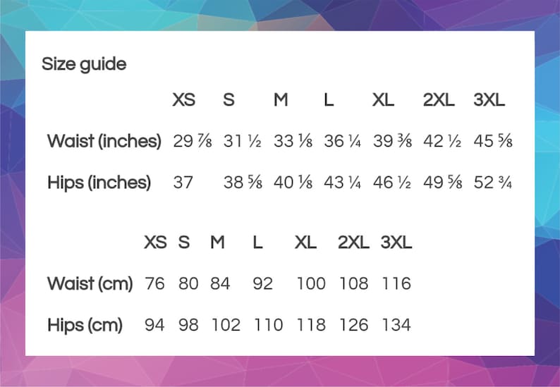 May include: Size guide chart for clothing with measurements in inches and centimeters. The chart shows sizes XS through 3XL with corresponding waist and hip measurements.