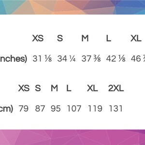 May include: Size chart with chest measurements in inches and centimeters. Sizes range from XS to 2XL. Chest measurements in inches are 31 1/8 to 51 5/8. Chest measurements in centimeters are 79 to 131.