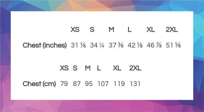 May include: Size chart with chest measurements in inches and centimeters. Sizes range from XS to 2XL. Chest measurements in inches are 31 1/8 to 51 5/8. Chest measurements in centimeters are 79 to 131.