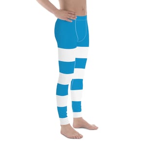 May include: Blue and white striped leggings. The leggings have a wide horizontal stripe pattern.