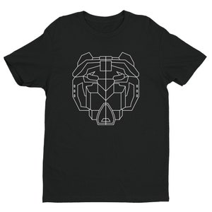 May include: Black t-shirt featuring a white geometric bear design.