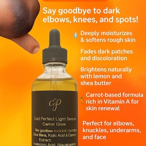 May include: A glass bottle of Gad Perfect Light Serum with a dropper, against an orange backdrop. The label details the carrot glow formula and its skin benefits. The serum is designed to moisturise and brighten skin, with a carrot-based formula.