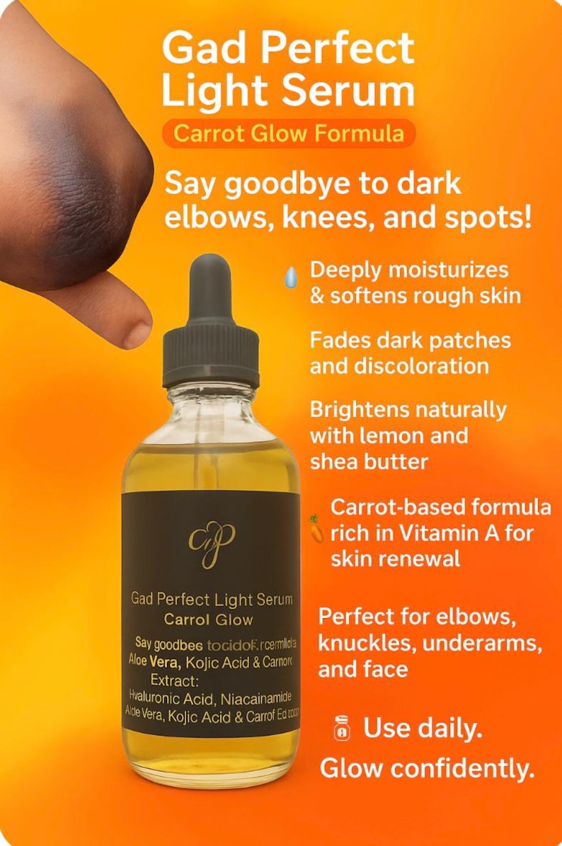May include: A clear glass bottle of Gad Perfect Light Serum with a dropper, set against an orange background. The label includes text about the carrot glow formula and its benefits for skin. The serum is designed to moisturize and brighten skin.