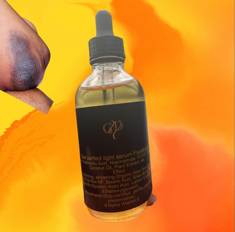May include: A clear glass bottle with a black label containing a yellow liquid. The label reads "Gad perfect light serum Face&Body" with a list of ingredients. The bottle has a black dropper and a gold and orange background.