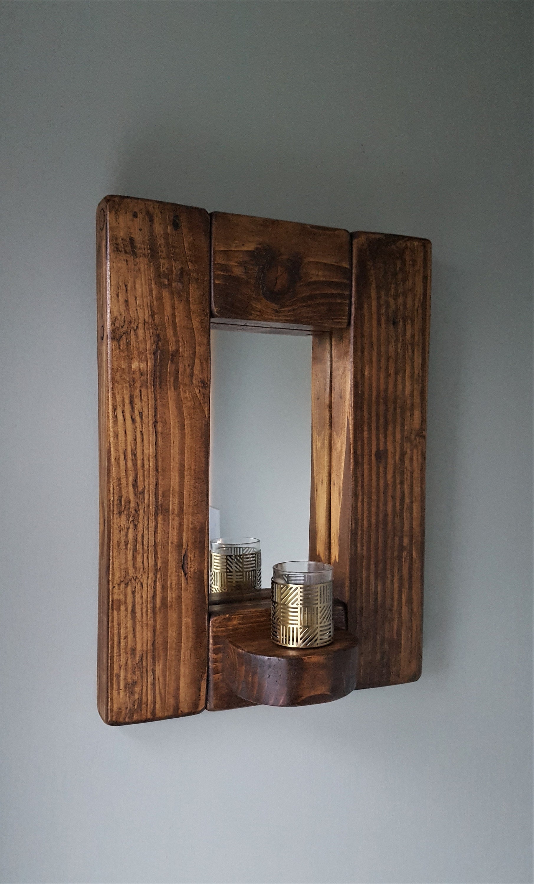 Handmade Rustic Wooden Mirror With Candle Shelf Etsy