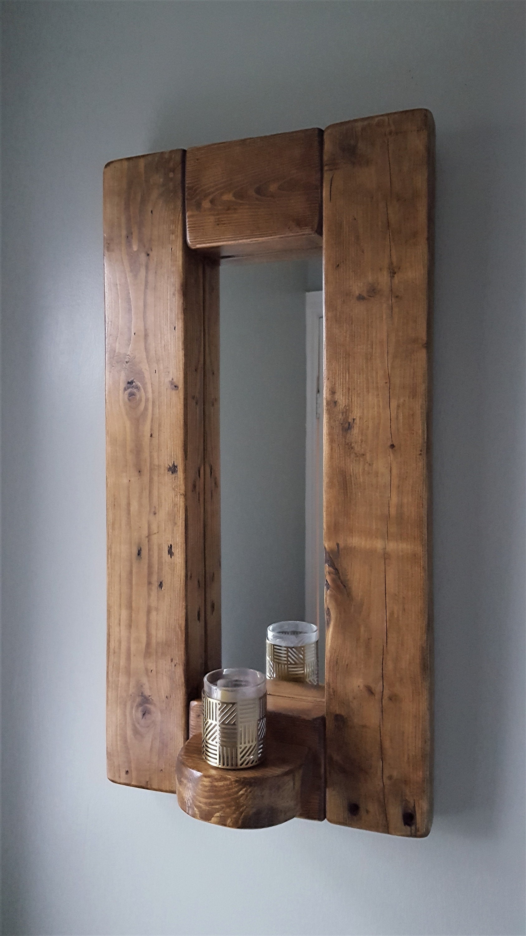 Handmade Rustic Wooden Mirror With Candle Shelf Etsy