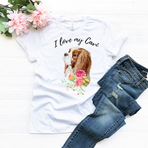 Eu amo minha camiseta feminina de manga curta cavi, roupas femininas, cavalier king charles, presente, amante de cães, blenheim cavalier king charles spaniel