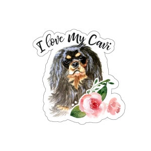 Black and Tan Cavalier Spaniel Blumen Kiss-Cut Aufkleber, I love my cavi Aufkleber, Hundeliebhaber Aufkleber, Geschenk, König Charles Cavalier Aufkleber