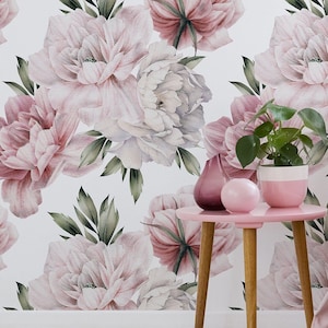 White Pink Peony Flower Wallpaper, Floral Peel Stick Peonies Wall Mural, Removable Vintage Large Flowers Wall Covering, Kitchen Wall Decal