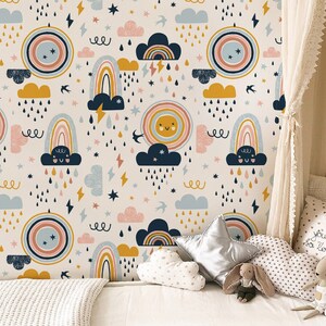 Kids Rainbow Sky Nursery Wallpaper, Boho Rainbow Wall Mural, Colorful Rainy Clouds Peel and Stick Wallpapers, Vinyl Watercolor Mural