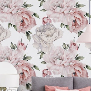 Peonies on White Background Maximalist Wallpaper, Large Flowers Wall Mural, Floral Temporary Wallpaper for Bathroom, Living Room, Bedroom