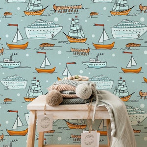 Harbor Boat Peel and Stick Wallpaper, Kids Room Decor, Ocean Nursery Wallpaper, Sea Life Wallpaper, Self-Adhesive Wallpaper, Wall Decor