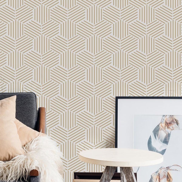 Beige Abstract Hexagon Wallpaper Peel and Stick, Gold and White Lines Wall Mural, Simple Geometric Wallpaper for living room & office, G029D