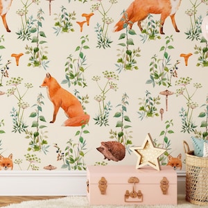 Fox and Hedgehog Nursery Wall Mural, Mushroom Nursery Wallpaper, Nature-Inspired Nursery Wall Art, Woodland Creatures Removable Wallpaper