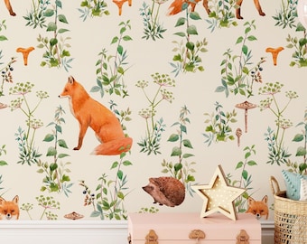 Fox and Hedgehog wallpaper Animals Peel and Stick wallpaper Forest wall Mural nursery Cozy Mushroom wallpaper Enchanted Forest wallpaper