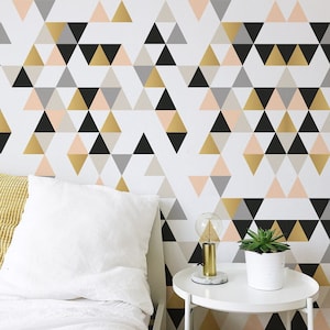 Geometric Triangles Wallpaper, Peel and Stick, pink black and gold triangles modern wallpaper, Removable,  Custom Wallpaper. Home Decor G010