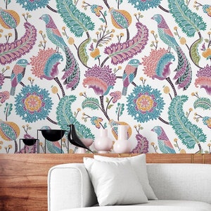 Peacock wallpaper, Unique colorful wallpaper, Removable wallpaper, Bedroom wallpaper, Living room mural, Bold bright Paisley wallpaper