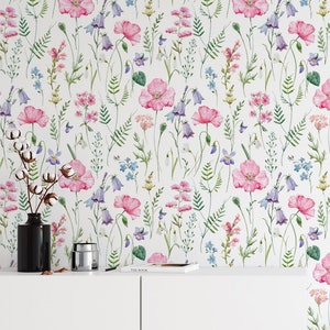 Wildflower Pink wallpaper, Simple girl wallpaper, Colorful floral wallpaper, Pink wildflower mural, Removable wallpaper Tiny flower