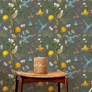 Peel and Stick Chinoiserie wallpaper, Bird and Flower wallpaper, Chinoiserie murals, Citrus wallpaper, Vintage kitchen wallpaper