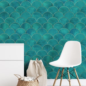 Father’s Day Gift, Peel and Stick Self-Adhesive Wallpaper, Luxury Geometric Wall Art for Living Room Decor, Turquoise & Gold Art Deco Mural