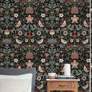 Floral Dark Background Wallpaper, Birds Modern Peel and Stick Wallpaper, Living Room Wallpaper for Bedroom, Self Adhesive Wall Decal