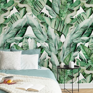 Banana leaf Wallpaper, Light Green Tropical Wallpaper, Nature Leaves Wallpaper, Light Palm Wallpaper, Tropical Wallpaper Peel and Stick