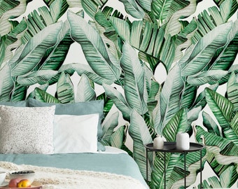 Banana leaf wallpaper, Light Green Tropical wallpaper, Nature leaves wallpaper, Light palm wallpaper, Tropical wallpaper peel and stick