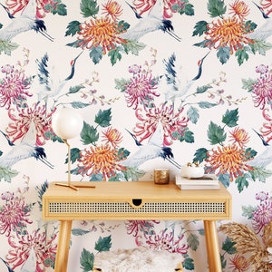 Oriental Wallpaper with Crane and Flowers, Floral Peel and Stick Wall Mural, Removable Living Room Wallpaper, Self Adhesive Wall Decal F034