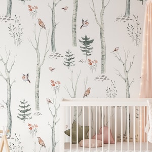 Woodland wallpaper for Nursery, Woodland nursery decor, Nursery wallpaper Neutral, Fairy wallpaper Woodland nursery, Cute forest wallpaper