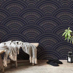 Scallop Wallpaper, Blue Removable Peel and Stick Wallpaper, Dark Blue Scalloped Wave Wall Mural, Moroccan Home Wallpaper