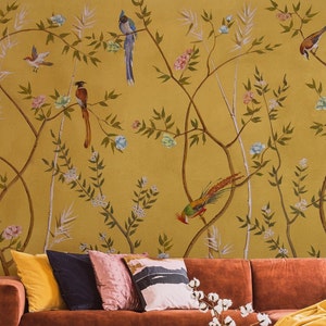 Reusable and Removable Wallpaper, Chinoiserie Bird and Floral Wallpaper Mural, Summer Theme Vintage Wall Art, Chinese Tree Wallpaper