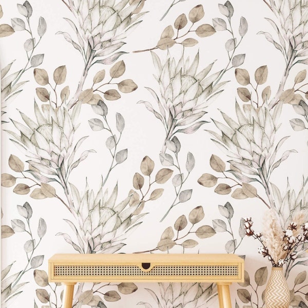 Beige Floral Peel and Stick Wall Mural, Scandi-Inspired Botanical Wallpaper, Mothers Day Sale, Floral Wallpaper, Cottagecore Decor