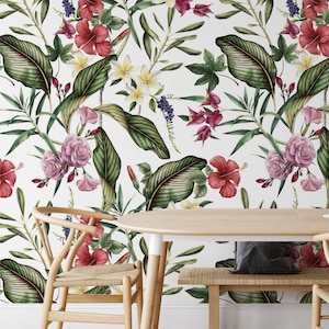 Tropical peel and stick wallpaper, Green and pink tropical wallpaper, Tropical wallpaper mural, botanical wallpaper Tropical Floral