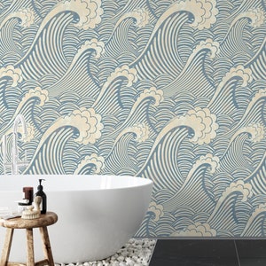 Blue Waves Peel and Stick Wallpaper, Ocean Wallpaper Mural, Japanese Removable Wallpaper, Bedroom Wallpaper, Modern Coastal Home Decor