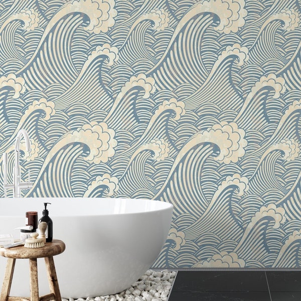 Blue and White Waves Wallpaper, Minimalist Japanese Wave Pattern Wallpaper, Waterproof Bathroom Wallpaper, Blue Vintage Style Wallpaper