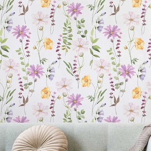 Wildflower Meadow Removable Wallpaper, Pink and Purple Floral Peel and Stick Wallpaper, Bohemian Floral Wallpaper, Watercolor Wallpaper