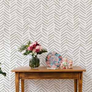 Herringbone Wallpaper Mural, Beige and White Geometric Wallpaper, Living Room Wallpaper, Minimalist Wallpaper, Office Wall Decor