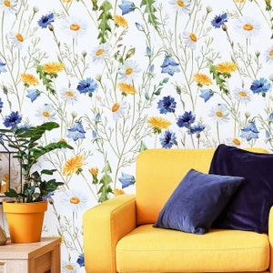 Yellow & Blue Floral Wallpaper, Spring Wildflower Wallpaper, Peel and Stick Wallpaper, Watercolor Daisy Nursery Wallpaper, Room Decot